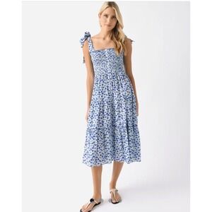 Poupette St Barth Triny Dress Womens S Blue Floral Tie Shoulder Midi Sundress